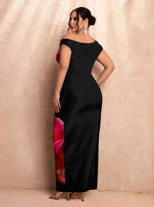 SHEIN BAE Plus Size Women Elegant Floral Print Asymmetrical Neck Ruffle Bodycon Dress, Summer - Multicolor - View 2