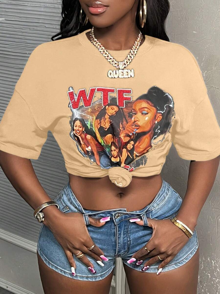Slaydiva Casual Chic Simple All-Match Sexy Slim Graphic Print Crew Neck Loose Crop Top T-Shirt For Women, Summer - Camel - View 1