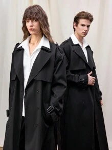 Manfinity VCAY Men's Woven Casual Long Loose Trench Coat For Spring & Autumn, Couple Matching, Going Out