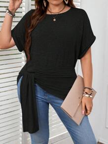 SHEIN LUNE Plus Size Round Neck Solid Color Asymmetric Hem Short Sleeve T-Shirt - Black - View 7