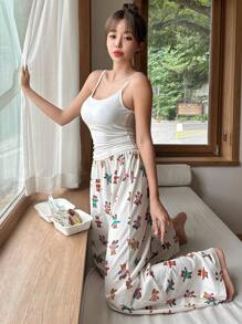 DAZY Cute Bear Allover Print Straight Pajama Bottoms, Fall, Winter - Beige - View 4