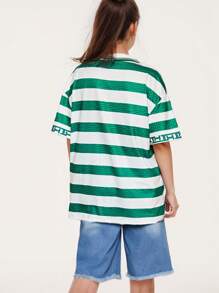 Teen Girl Summer Casual Contrast Striped Letter Print Top And Denim Shorts Two-Piece Set