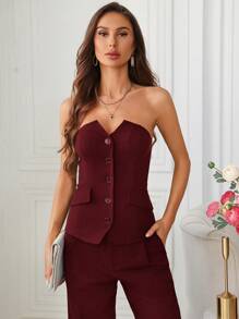 SHEIN Clasi Women's Summer Solid Color Single Breasted Tube Top Elegant Top - Burgundy - View 3