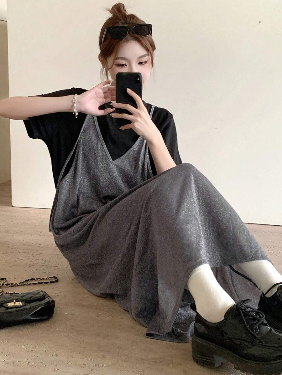 DAZY 女式无袖拼色连衣裙太阳裙，休闲女装 - 黑色 - 查看 1