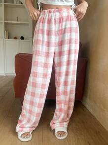 DAZY 珊瑚绒格子图案毛绒直筒舒适休闲裤，适合秋冬季居家穿着，蓬松柔软 - 粉色 - 查看 3