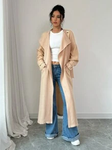 Chiquease 女士休闲宽松系带腰部可调节飘逸长款开衫 - 卡其色 - 查看 3