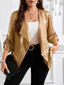 SHEIN Clasi 加大码翻领长袖卷边袖口优雅迷人优雅夹克优雅女士服装 - 金色 - 查看 6