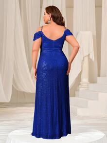 Faeriesty Vestido de noche largo con escote en V profundo, espalda descubierta, abertura alta y lentejuelas para mujer talla grande - Vestido formal para banquete, fotografía de boda, alfombra roja, retrato nupcial, atuendo para celebración de gala