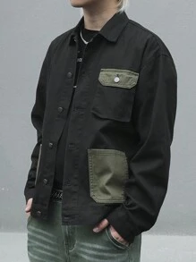 Manfinity Homme Men Spring And Autumn Contrast Color Work Pocket Long Sleeve Loose Casual Denim Jacket - Black - View 3