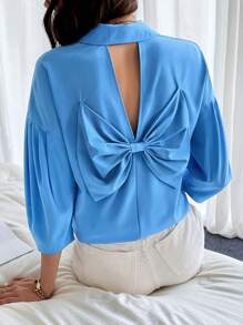 Chiquease Blue Backless Bow Tie Office Ladies Shirt - Blue - View 6
