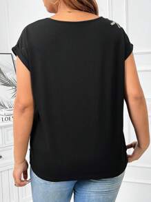 SHEIN Clasi 大码夏季 T 恤，带串珠肩部花卉图案 - 黑色 - 查看 2