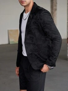 Manfinity Bizformal 男士立领长袖纽扣衬衫和纽扣短裤西装套装 - 黑色 - 查看 4