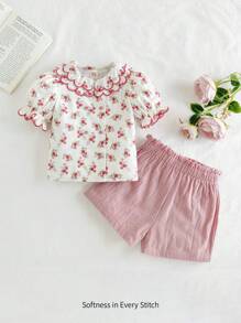 Cozy Pixies 2pcs Baby Girls Plant Floral Pattern Colorblock Ruffled Collar Puff Sleeve Button Front Top And Shorts Casual Outfit - Pink - View 1