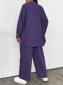Flirla 2 件大码女式纯色休闲长袖上衣和裤子套装 - 紫色 - 查看 2