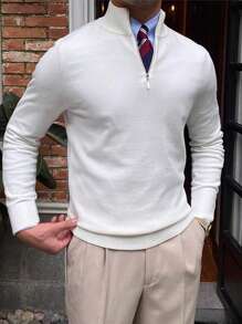 老钱男士风格百搭高领套头毛衣 - 白色 - 查看 3