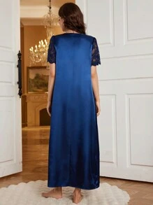 Camisón de seda falsa con panel de encaje de color contrastante, corte en los hombros para mujeres