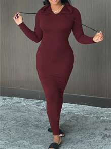 SHEIN Plus Size Plain Color Drawstring Hooded Fitted Long Casual Dress, Spring & Autumn Fall Cloth For Women - Burgundy - View 5