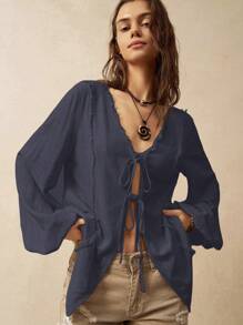 Bohemela Áo sơ mi nữ có dây buộc đi nghỉ mát - Xanh đậm - Xem 4