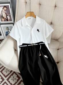 SHEIN Tween Boy July 4th Boys Back To School Season Pattern Lapel Short-Sleeved Shirt Belt Trousers Gentleman Suit Two-Piece Suit Suitable For Commuting To School Daily Leisure College Travel Suitable For Sports Suitable For Spring And Summer Seasons