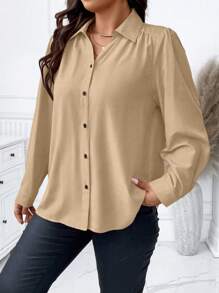 Elenzga 大码休闲纯色长袖衬衫，春秋 - 卡其色 - 查看 5