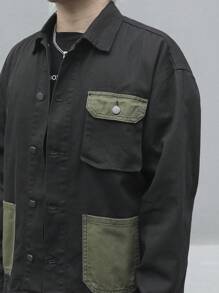 Manfinity Homme Men Spring And Autumn Contrast Color Work Pocket Long Sleeve Loose Casual Denim Jacket - Black - View 8