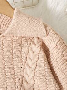 SHEIN Young Girl Rib Knit Striped Top And Pleated Skirt 2Pcs Sweater Set - Khaki - View 4