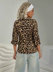 VARSITIE Retro Stil Golf Shirt mit Plakette, Schleifen-Ärmeln und Leoparden Muster für Damen Oberteile & Tanks