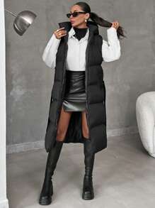EURMUSE Zip Up Hooded Puffer Vest Coat - Black - View 6