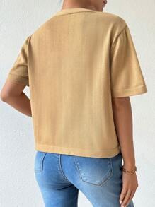 SHEIN LUNE 女士纯色短袖宽松休闲开衫，夏季 - 卡其色 - 查看 2