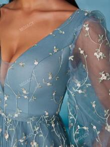 Mgiacyv V-Neck Lantern Sleeve Embroidered Lace Sleeved High-End Evening Gown,Party Dress,Formal,Wedding Guest
