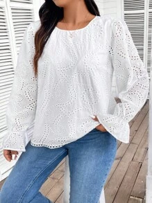 SHEIN Frenchy Plus Size Hollow Out Embroidered Long Sleeve Shirt, Autumn - White - View 2