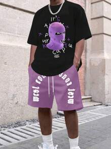 Manfinity EMRG 2pcs Men's Round Neck Letter & Graphic Print Short Sleeve Top And Tie Front Shorts Set