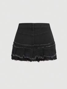 SHEIN MOD 女士休闲牛仔短裙，带蝴蝶结装饰和磨损下摆 - 黑色 - 查看 2