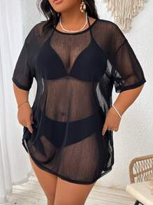 Swim Lushoire Plus Size Solid Color Crew Neck Short Sleeve Sheer Cover-Up, Casual Beach Wear Summer - Black - View 5