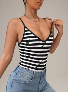 Easithlete Slim Fit Spaghetti Strap Striped Jumpsuit, Casual & Holiday Wear - Black and White - View 3