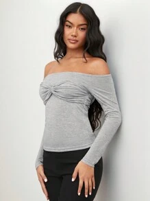 SHEIN BAE Gray Solid Color Women's Simple Daily Casual Outing, Back To School, Off Shoulder Off-Shoulder Long-Sleeved Tight T-Shirt,
Fitted T Shirt,Long Sleeves Woman,Work Women Tops
