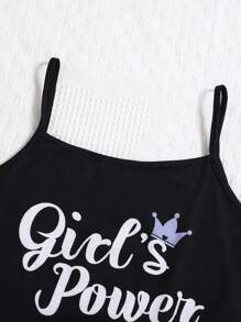 SHEIN 2pcs Teen Girls Simple Cute Letter Print Cami Vest & Shorts Flame Resistant Pajama Set - Black - View 4