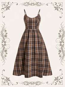 SHEIN MOD Vestido de tirantes de talla grande con estampado de cuadros en tono marrón para el verano