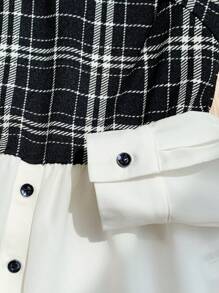 Comfortcana Camisa de manga larga suelta a cuadros empalmada para primavera/verano/otoño, conjunto de 2 piezas - Blanco - Ver 5