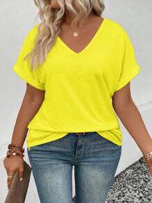 Plus Size Women V-Neck Cuffed Sleeve Casual T-Shirt - Yellow - View 4