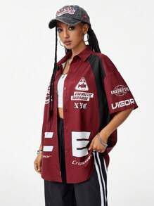SHEIN EZwear Women's Loose Fit Solid Color Patchwork Short Sleeve Shirt