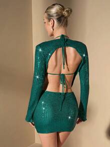 SHEIN BAE Áo dài tay chữ V lấp lánh dự tiệc dành cho nữ + Váy ngắn vừa vặn có áo ngực - Bạc - Xem 2