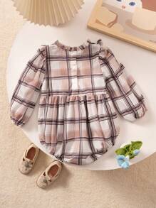 SHEIN Baby Girl Flounced Collar Long Sleeve Plaid Loose Comfy Romper, Korean Style