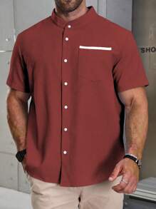 Manfinity Homme Men Plus Size Button Front Pocket Summer Short Sleeve Shirt - Burgundy - View 6