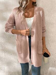SHEIN Clasi Cardigan tricoté mi-long pour femme à col en V, manches longues, ceinture à la taille, texture rayures verticales kaki - Kaki - Voir 5