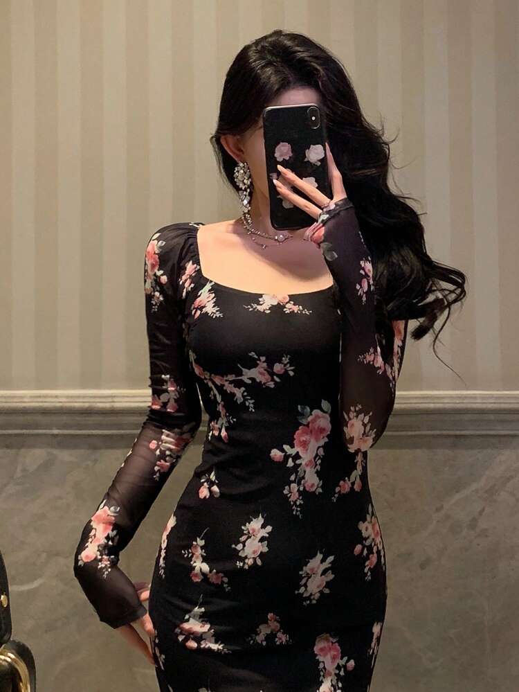 Homecoming Mesh Floral Print Square Neck Dress For Ladies, Birthday ,New Year Eve Prom Dress,Fall Clothes Elegant Women Dresses