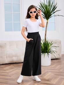 SHEIN 青少年女孩 2 件套休闲纯色舒适圆领 T 恤和裤子 - 軍綠色 - 查看 7