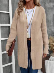 EMERY ROSE 女士纯色落肩长袖长款休闲开衫，秋冬 - 卡其色 - 查看 4