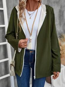 EMERY ROSE Áo khoác nữ dài tay có mũ trùm đầu có khóa kéo hợp thời trang - xanh quân đội - Xem 3