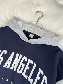 SHEIN Teen Girls Knitted Color Block Loose Casual English Logo Graphic Sweatshirt With Pockets - Multicolor - View 7